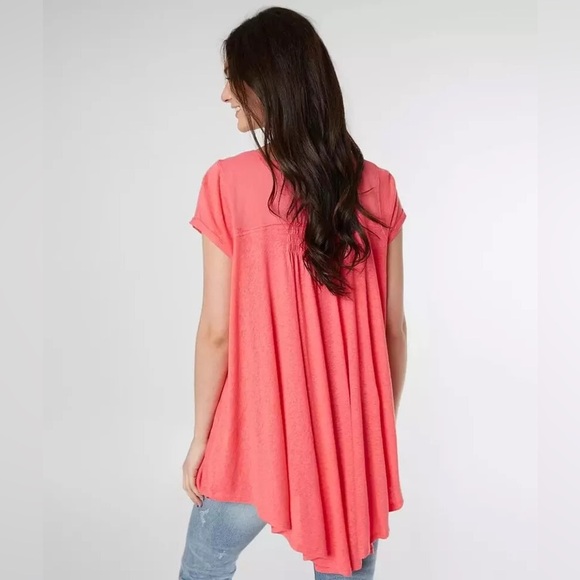 Free People Highland Linen Blend Summer Tee Top Pink Oversized Size Small - Picture 2 of 8
